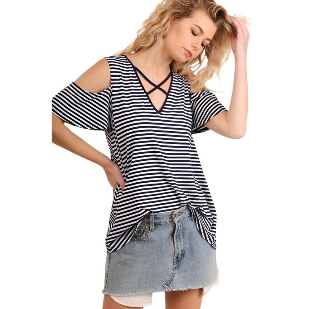 Umgee Cold Shoulder Striped Top, Navy